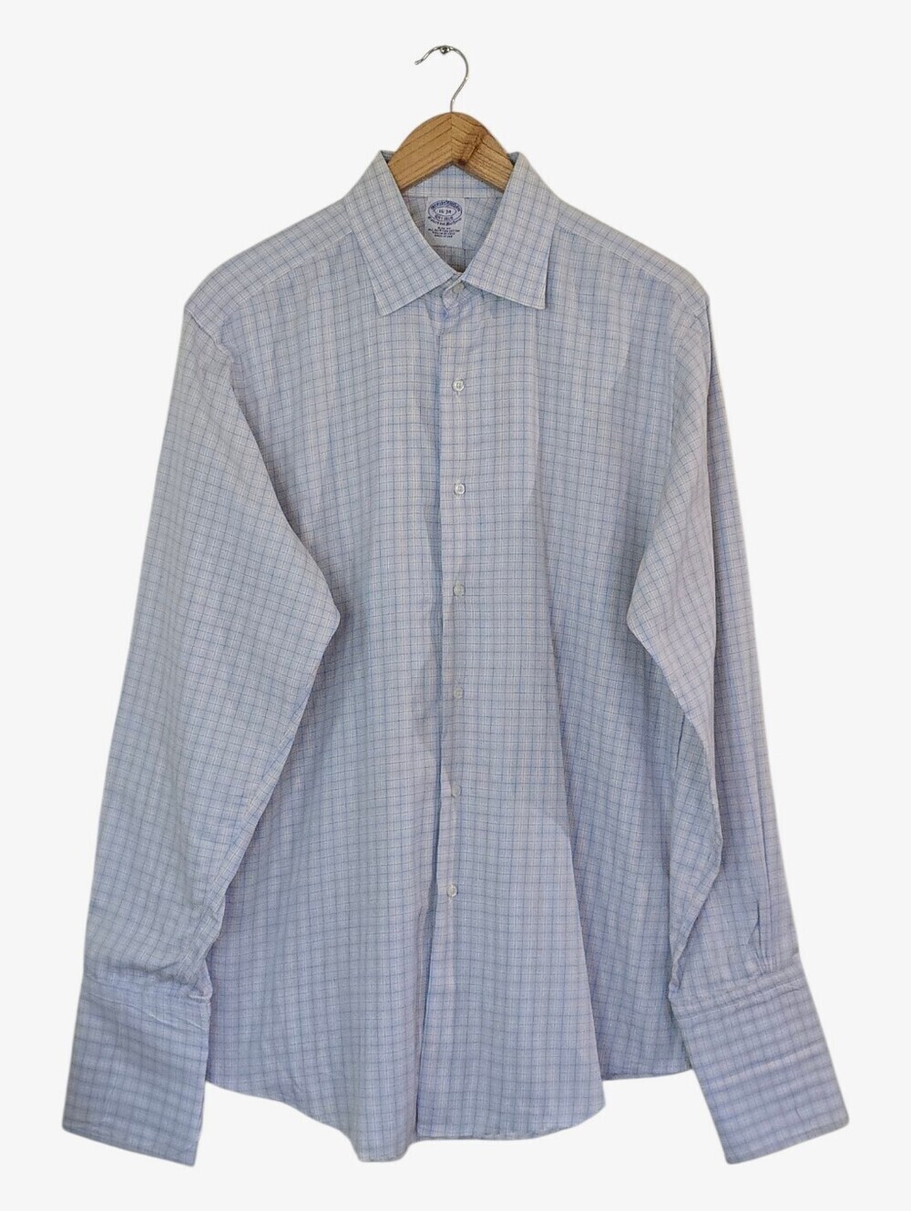 Brooks Brothers 1818 Slim Fit French Cuff Dress Shirt 16-34 Blue Check Egyptian